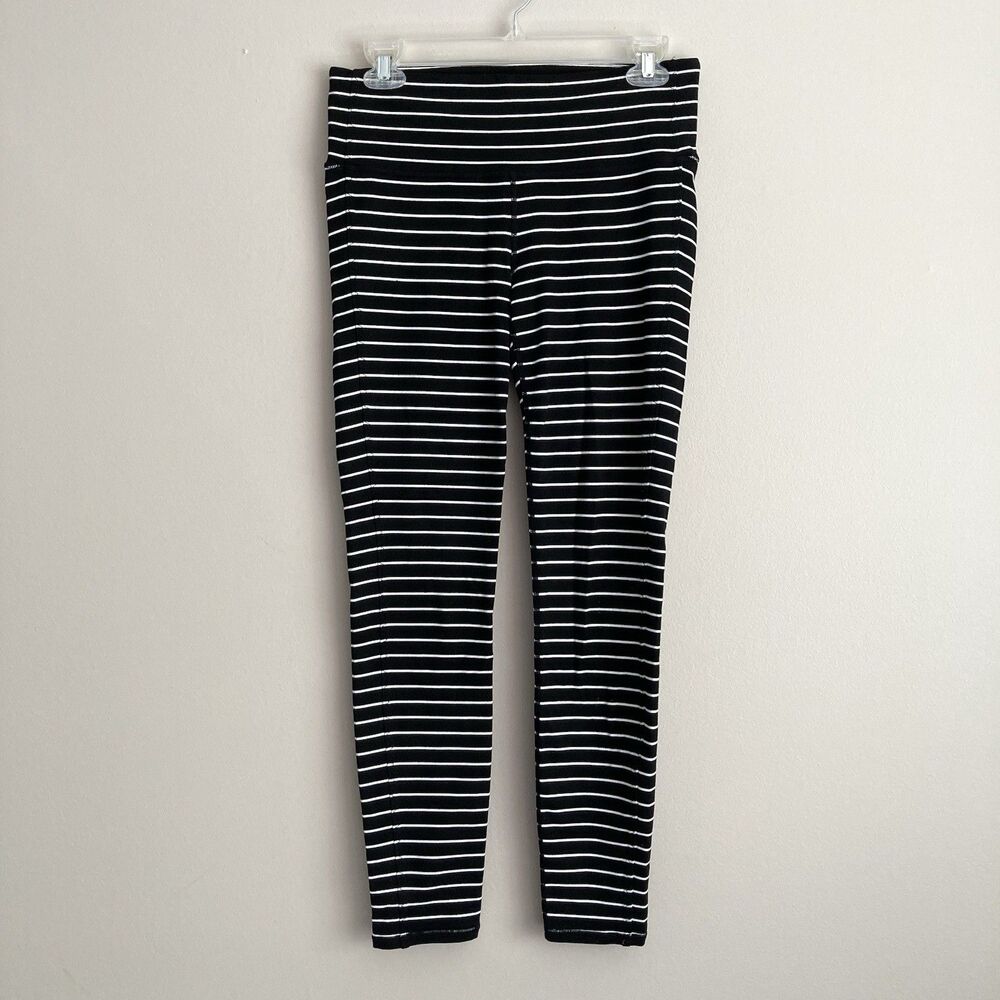 Athleta Chaturanga Leggings Womens Medium Black White Striped Yoga Gym Workout